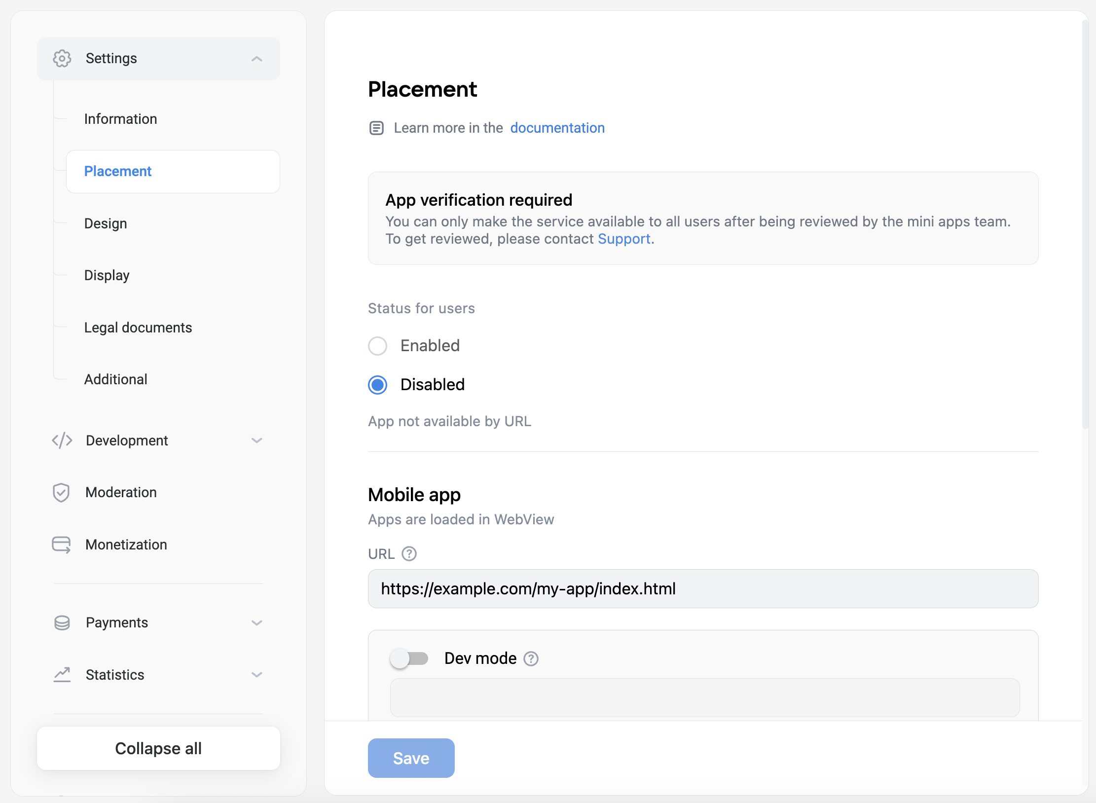 Appearance of the section Settings | Placement